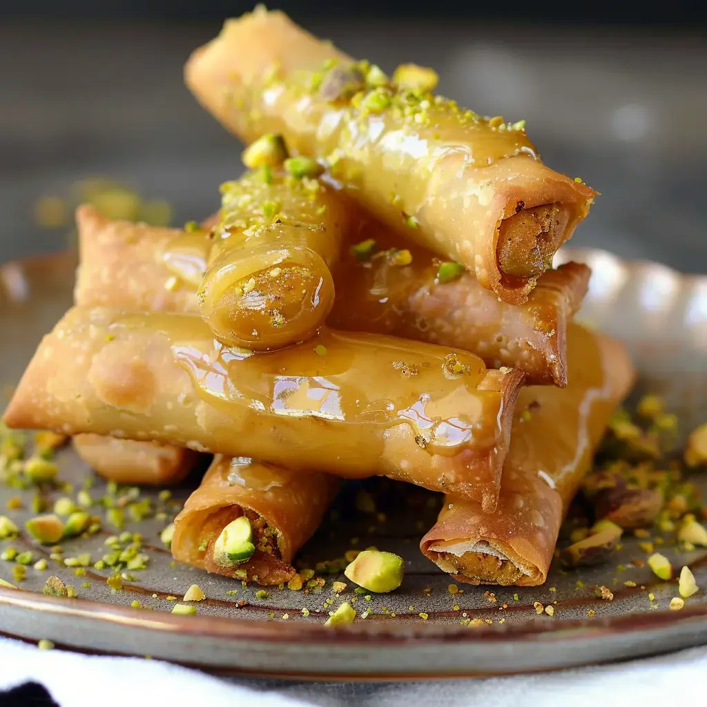 Sweet rolls filled with pistachios and coated in honey on a plate.