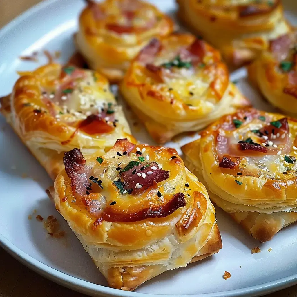 Golden pastry rolls filled with cheese, ham and herbs, arranged on a white plate.
