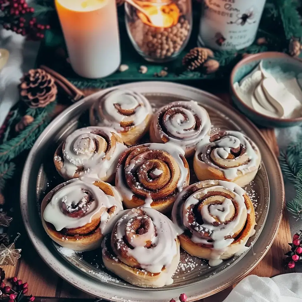 A plate of glazed cinnamon rolls surrounded by Christmas decorations and candles.