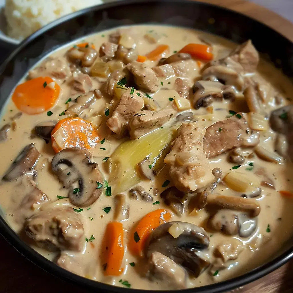 A creamy dish of meat with carrots, mushrooms and vegetables, served in a bowl with rice on the side.