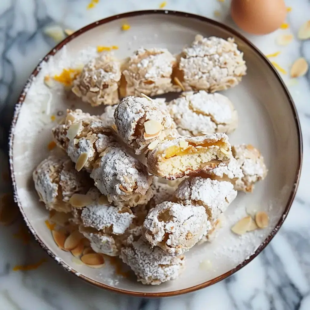 Sweet treats coated with powdered sugar and almonds are displayed in a bowl, with an egg nearby.