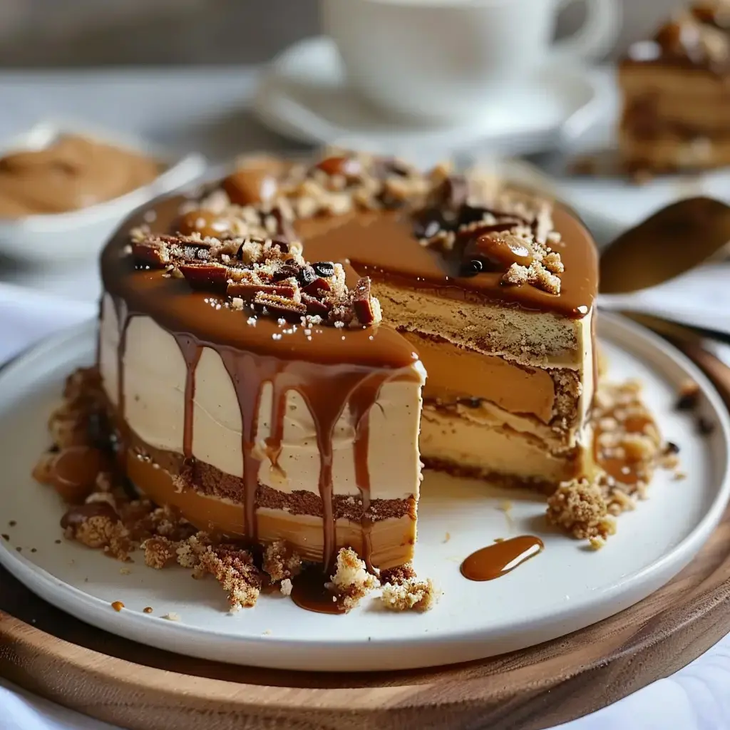 A layered cake topped with caramel and nut pieces, with one slice cut out, displayed on a plate.