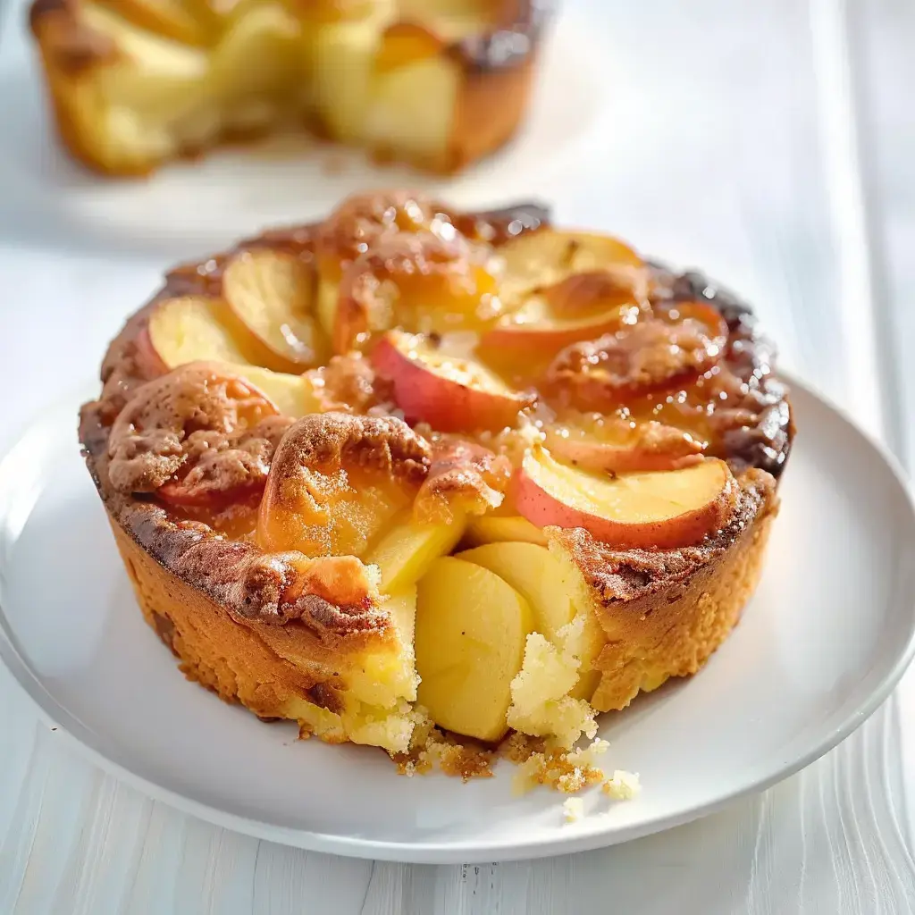 Apple cake with a slice cut out, showing golden apple slices inside a golden crust.