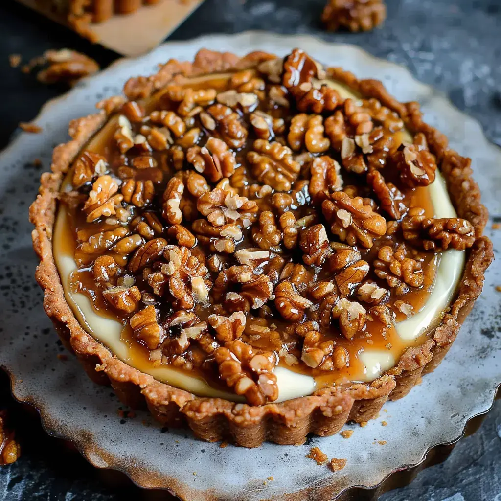 Una tarte au caramel garnie de noix de pécan sur une assiette.