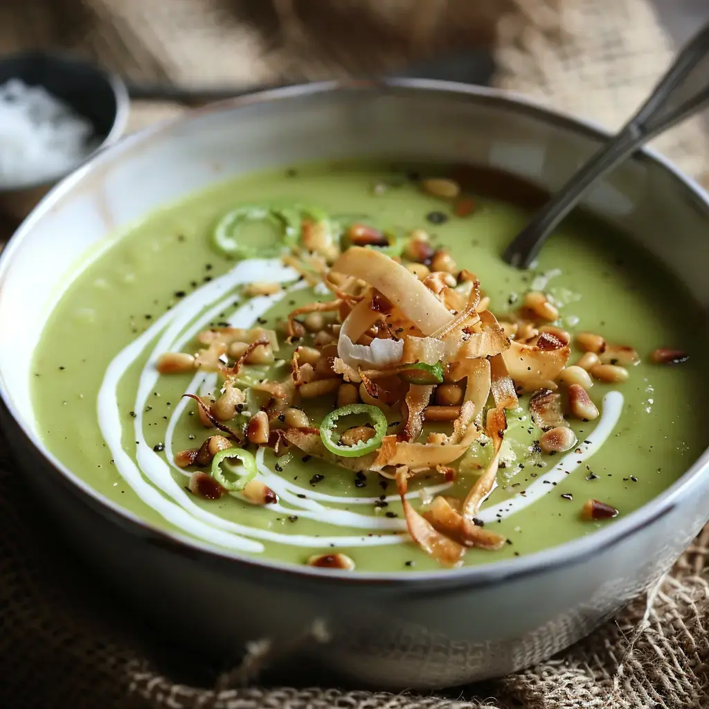 Bol de soupe verte garnie de cracklings, pignons, oignons verts, et un filet de crème.