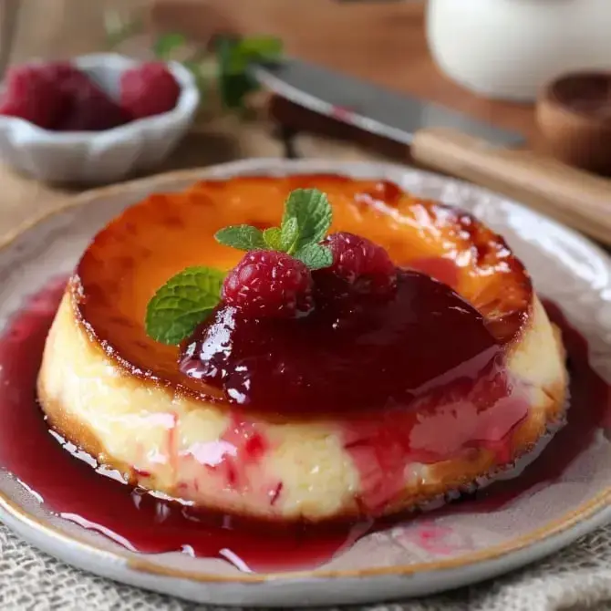 A custard topped with raspberry sauce and decorated with fresh raspberries and mint leaves.