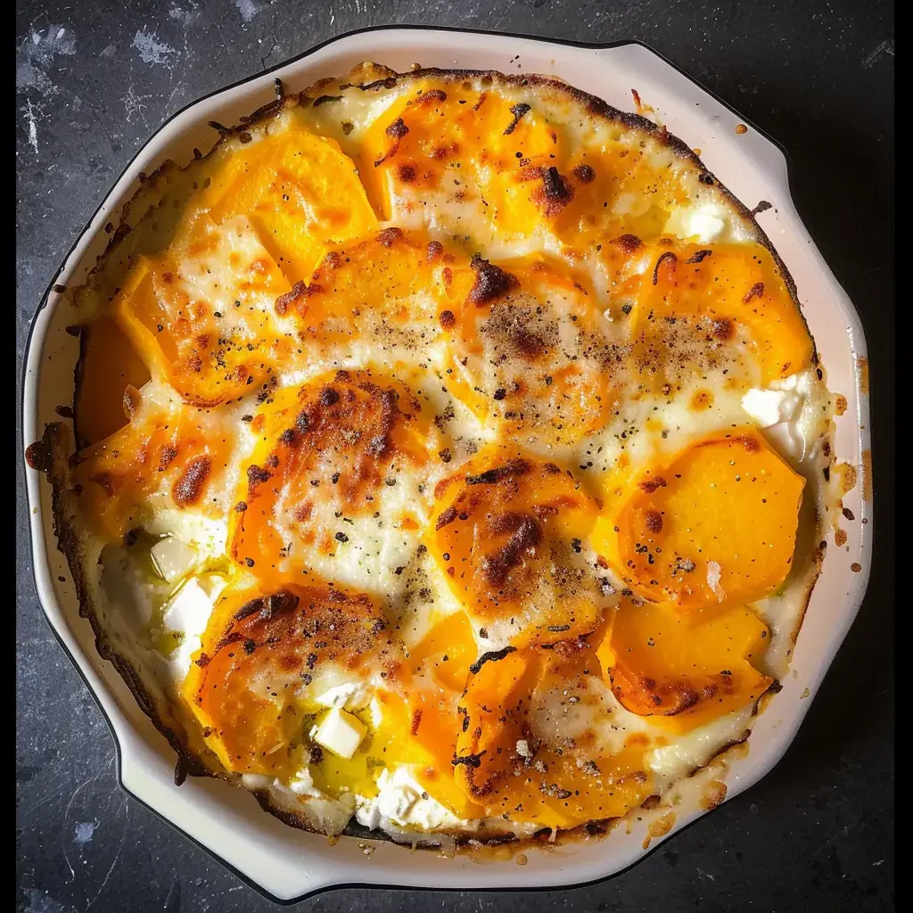 Golden butternut squash gratin topped with melted cheese and black pepper.