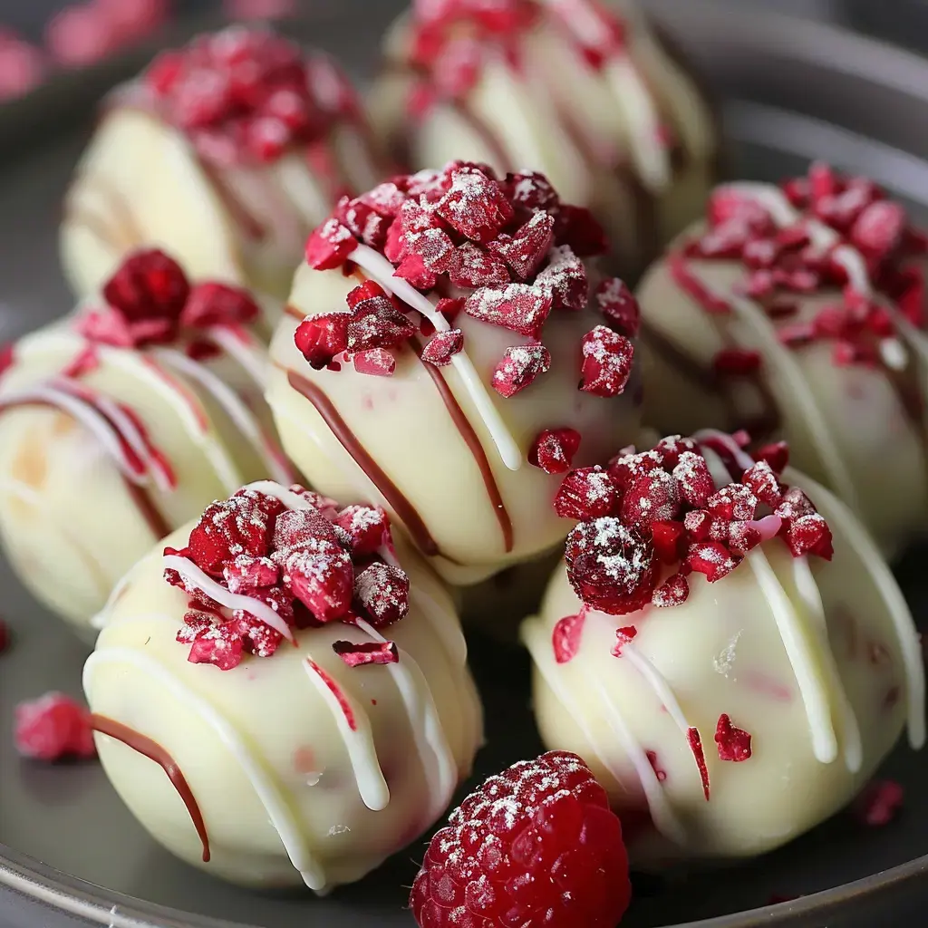 White chocolate balls topped with dried raspberries and drizzles of melted chocolate, arranged on a plate.