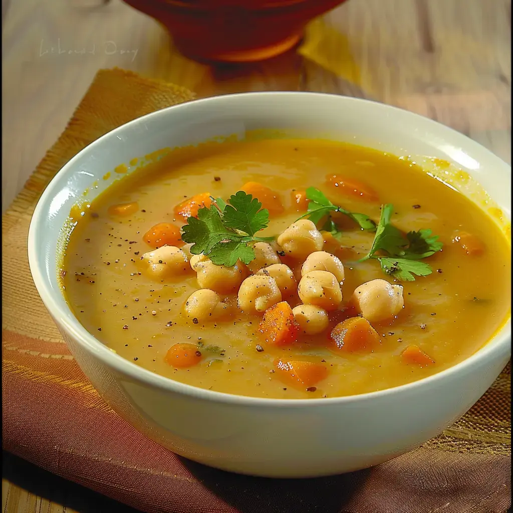 A white bowl filled with creamy chickpea and carrot soup, garnished with fresh cilantro.