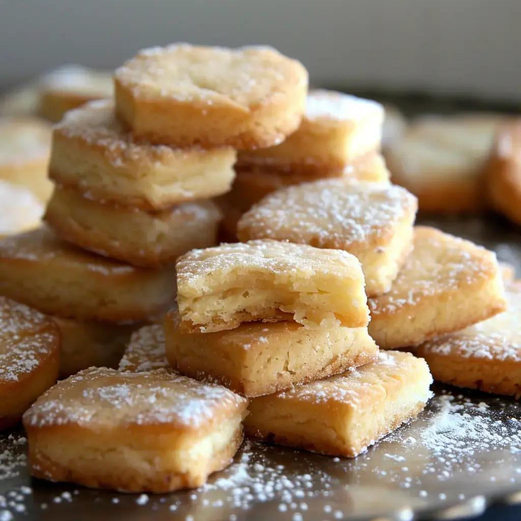 Una pile de biscuits carrés saupoudrés de sucre glace est présentée sur un plat argenté.