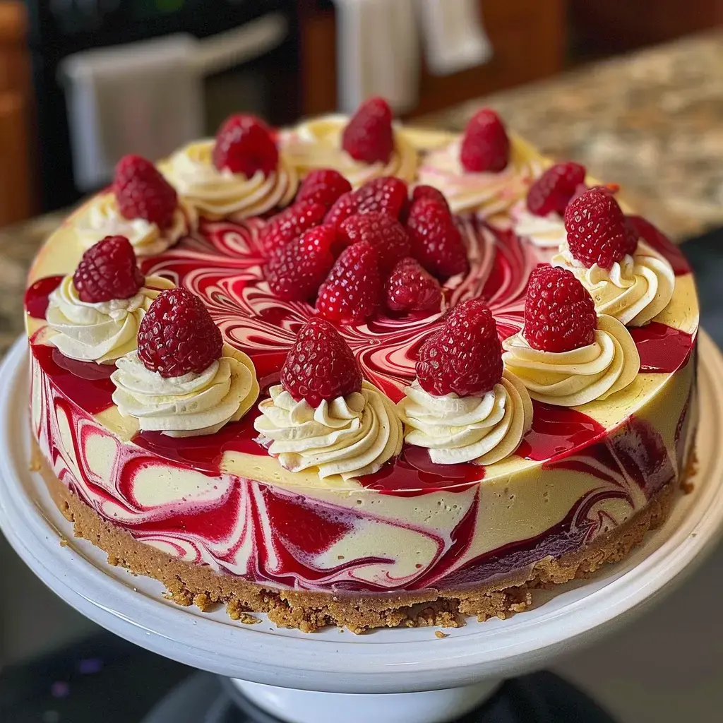 A beautifully garnished cheesecake topped with raspberries and whipped cream on a red and yellow marbled background.