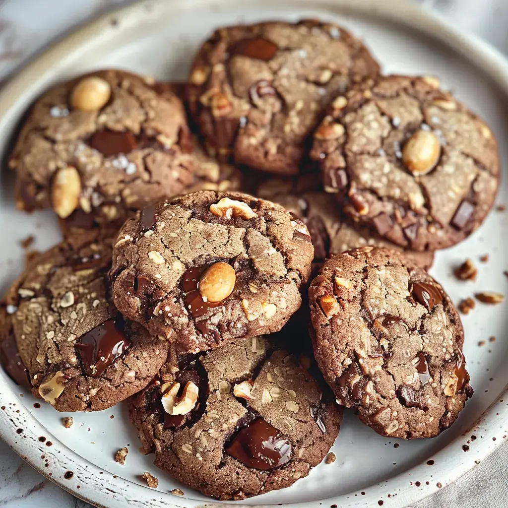 Des biscuits au chocolat, parsemés de morceaux de chocolat, de noix et de flocons d'avoine, sont disposés sur une assiette.