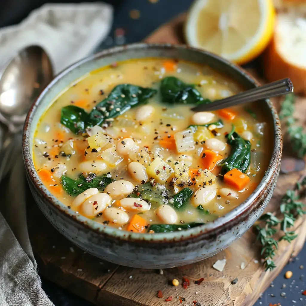 Un bol de soupe aux haricots blancs, épinards et légumes, garni de poivre et servi avec un citron et du pain.