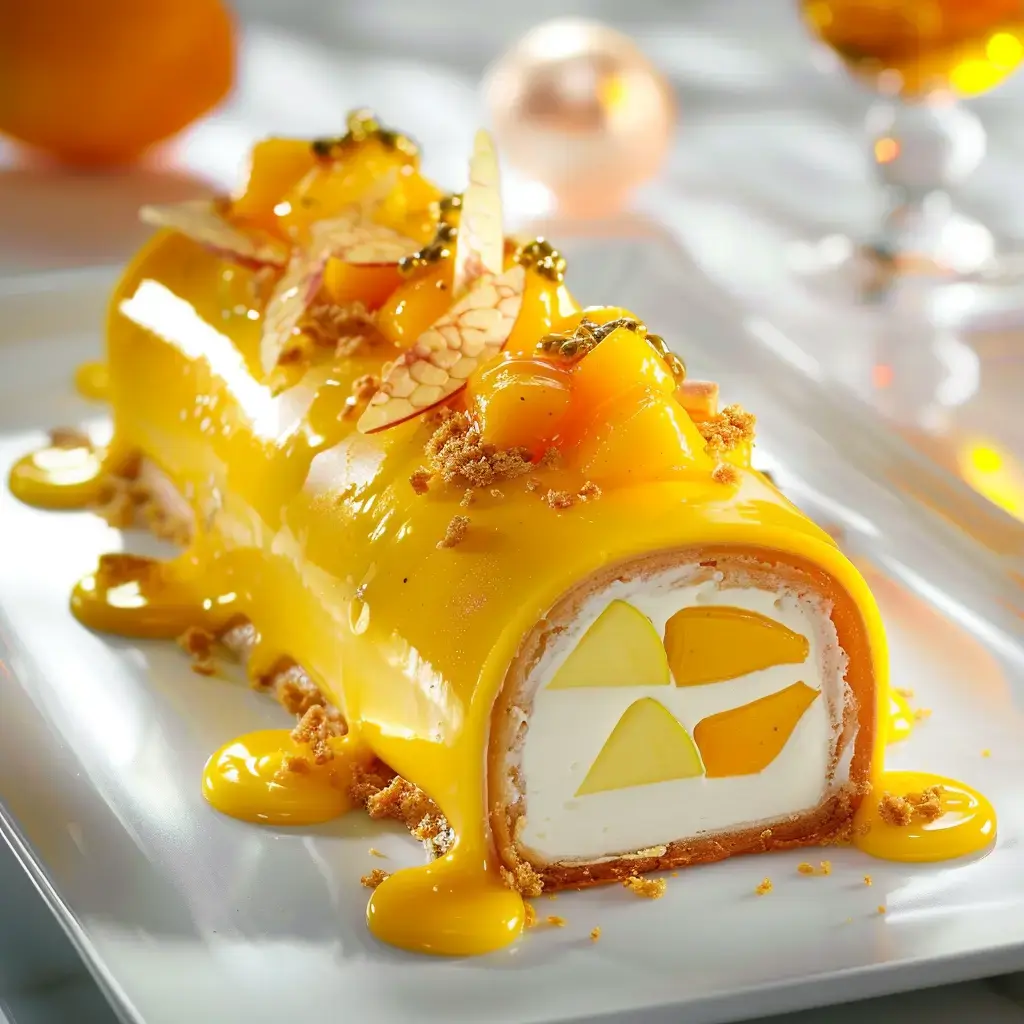 Pastry log topped with fresh fruits and mango sauce on a white plate.