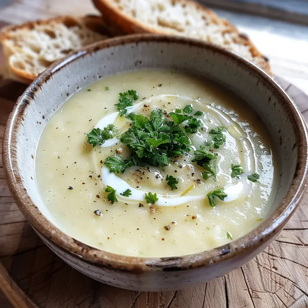A creamy soup topped with fresh coriander and a cream drizzle, served with bread slices.