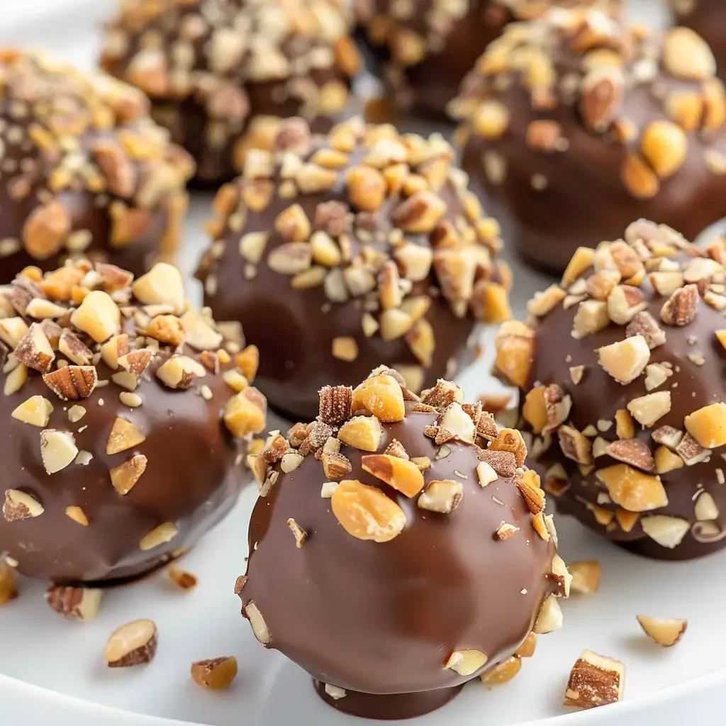 Chocolate balls covered with crushed nuts on a white plate.