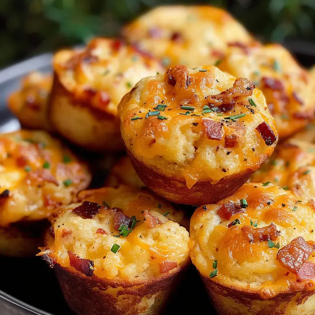 Golden brown mini muffins topped with cheese and bacon pieces, garnished with chives