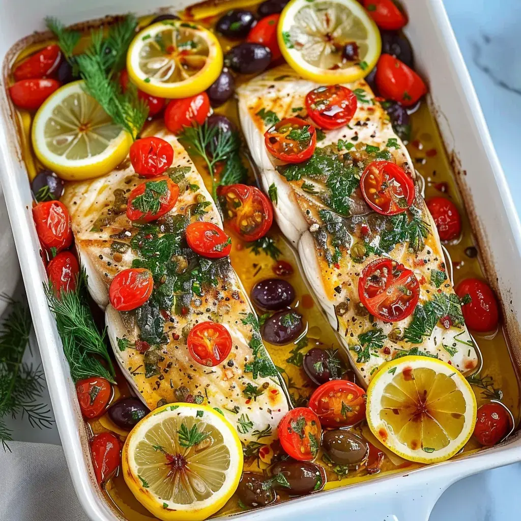 Two grilled fish fillets topped with cherry tomatoes, olives and lemon slices, all drizzled with fresh herbs in a dish.