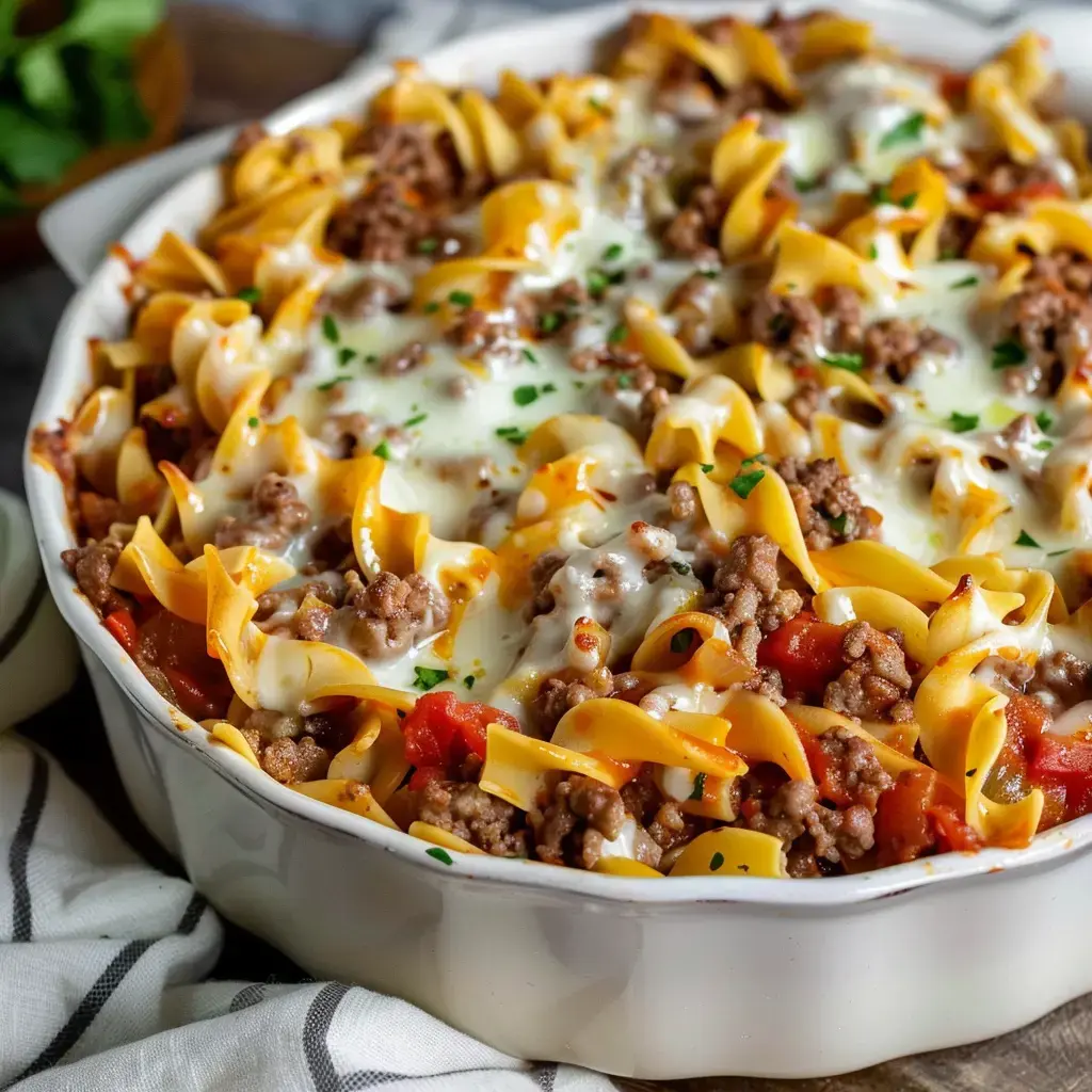 A casserole dish filled with noodles, ground beef and melted cheese, garnished with tomatoes and parsley.