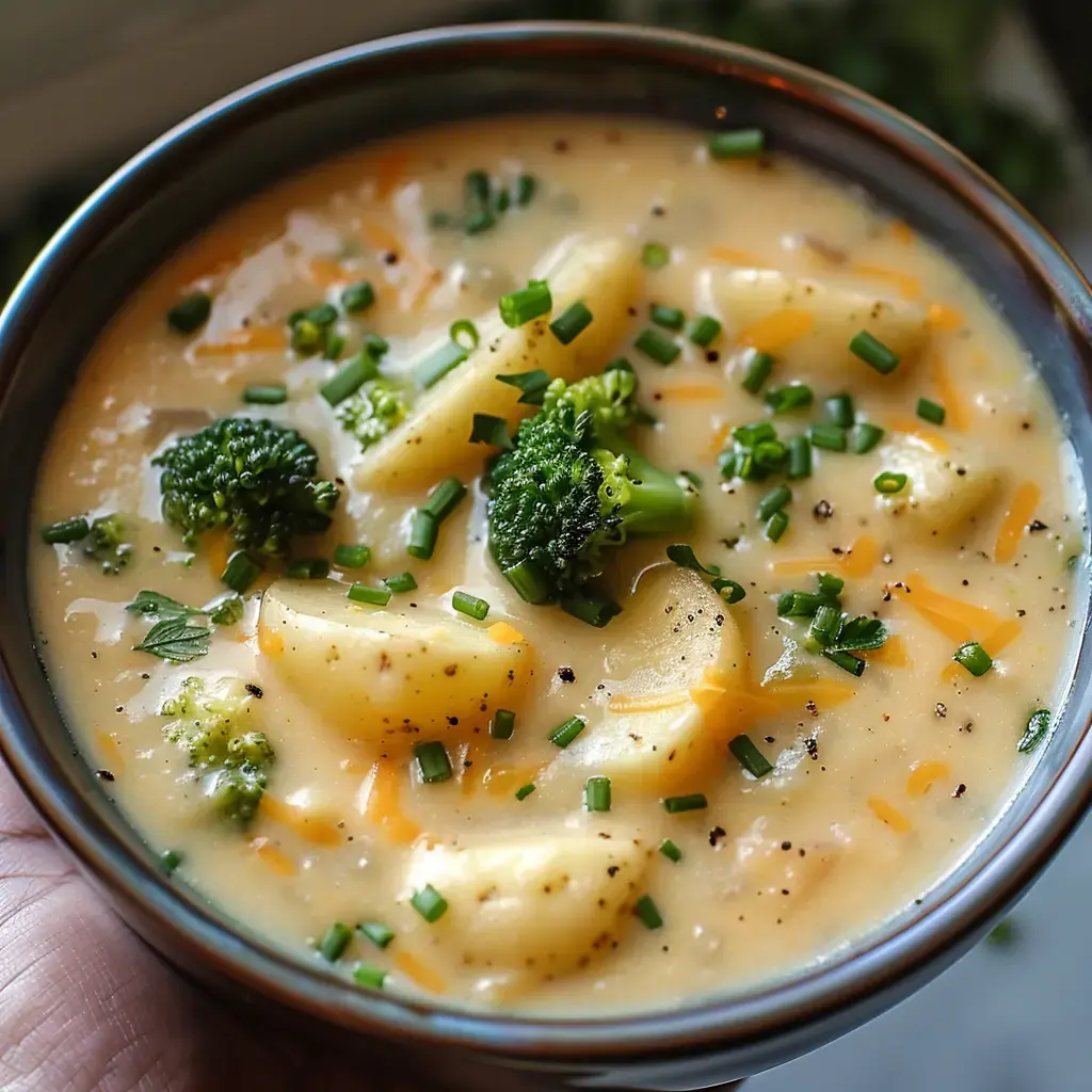 Un bol de soupe crémeuse avec des pommes de terres, du brocoli et de la ciboulette.