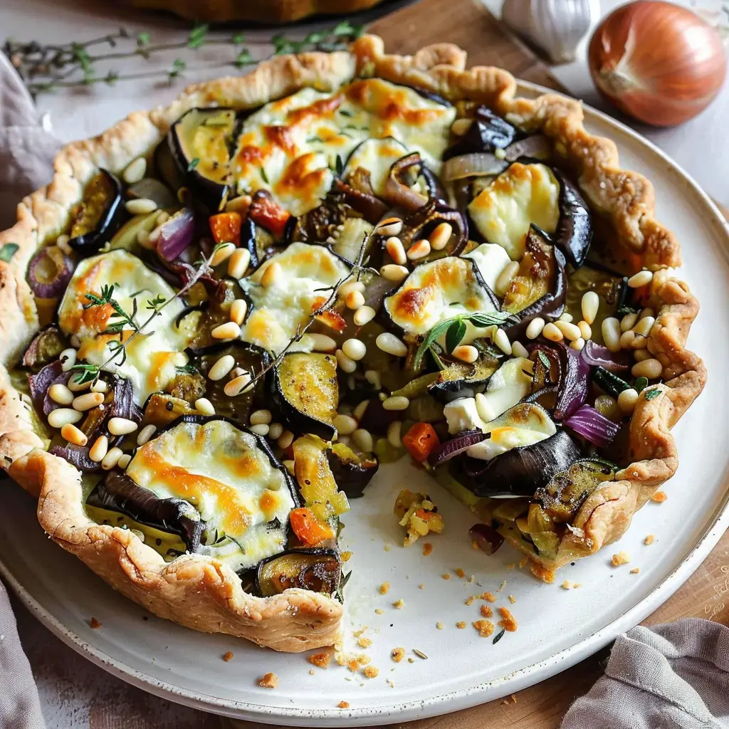 Veggie tart with golden crust, topped with zucchini, eggplant, pine nuts and cheese, sitting on a plate.