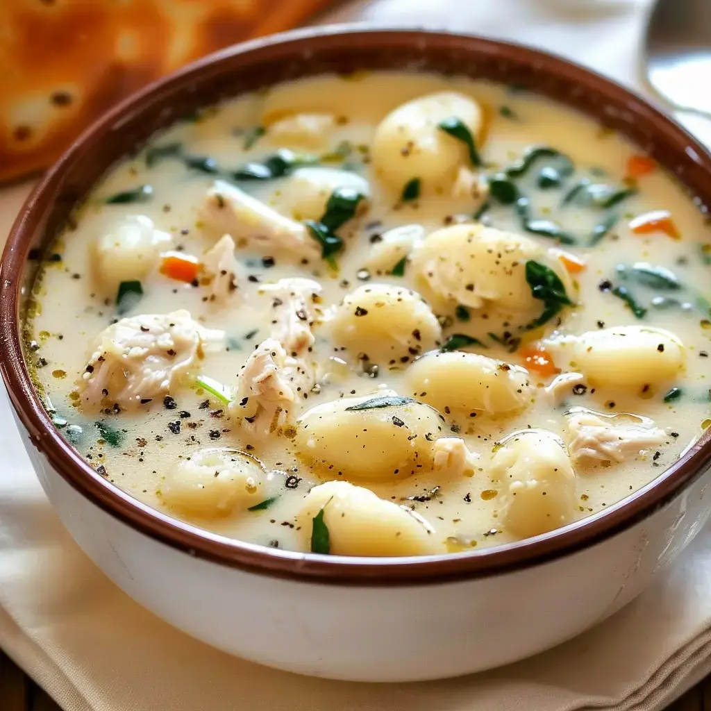 A bowl of creamy soup with gnocchi, chicken, spinach and carrots, seasoned with black pepper.