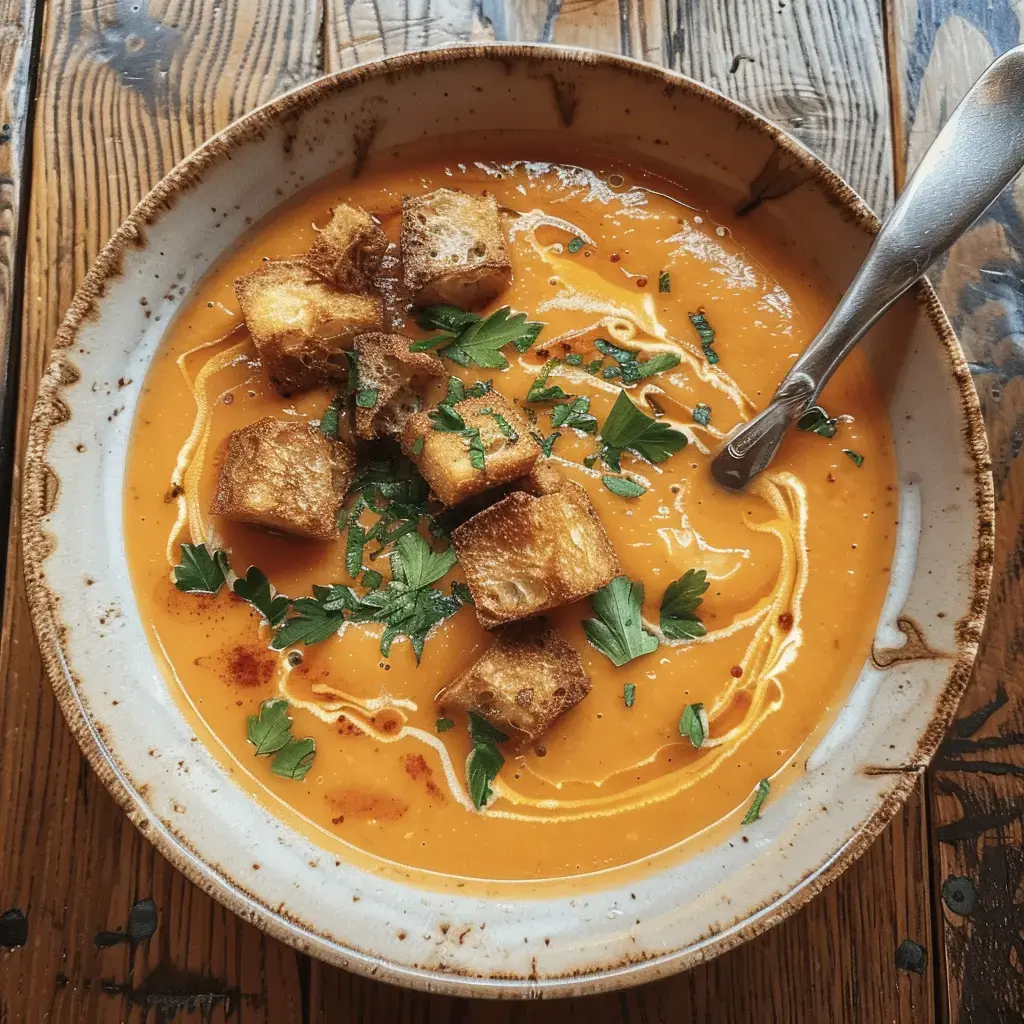 A bright orange soup topped with golden croutons and fresh parsley.