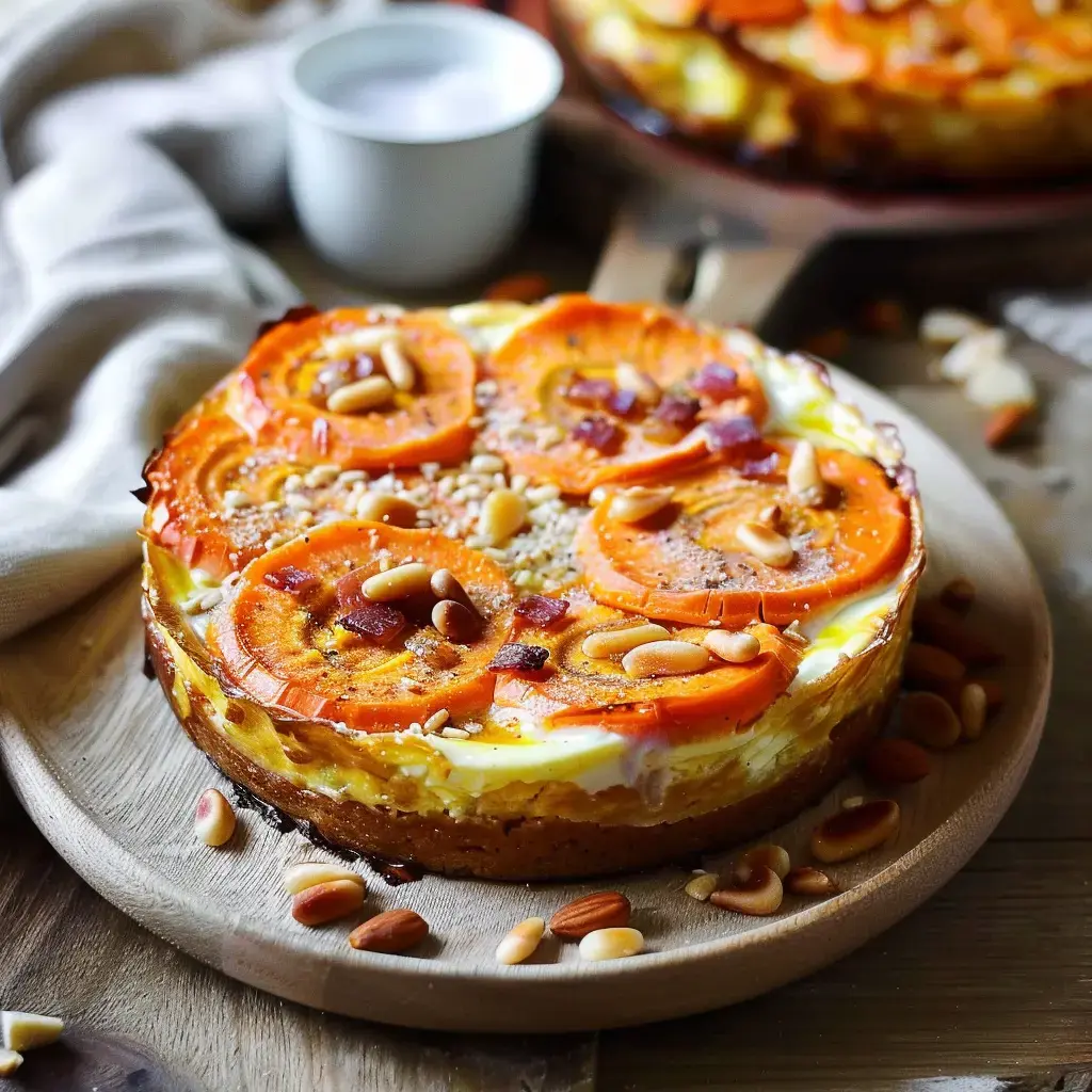 Un gâteau doré aux tranches de fruit, garni de pignons de pin, reposant sur une planche en bois.