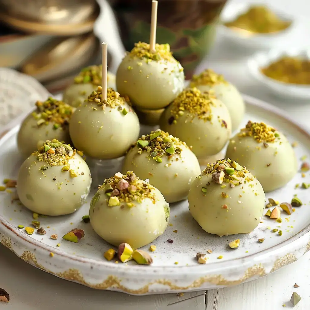 White chocolate covered dessert balls topped with crushed pistachios arranged on a plate.