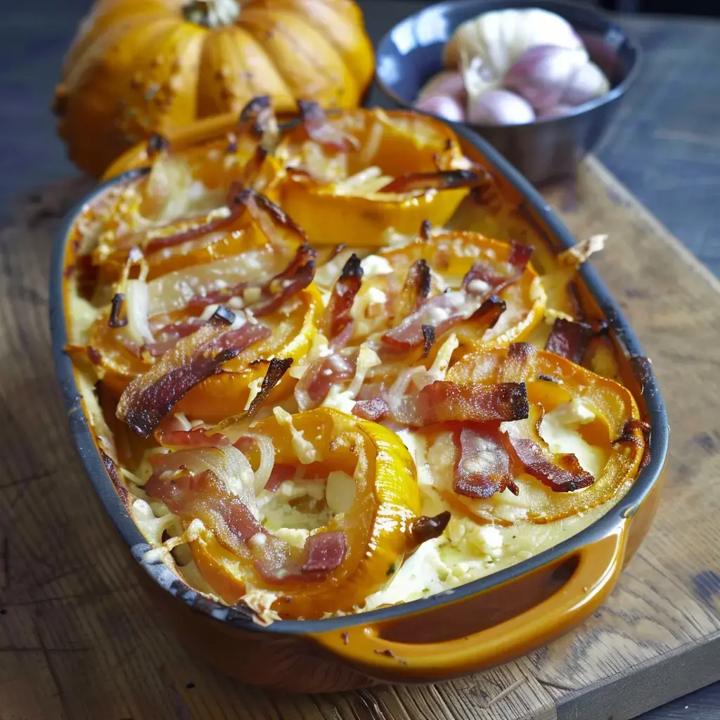 Un gratin de courge garnie de lardons et d'oignons, avec une citrouille entière et des gousses d'ail en arrière-plan.