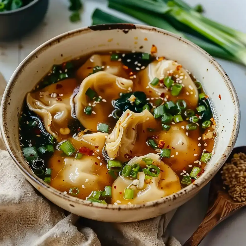 Un bol de raviolis dans un bouillon aromatique garni d'oignons verts et de graines de sésame.