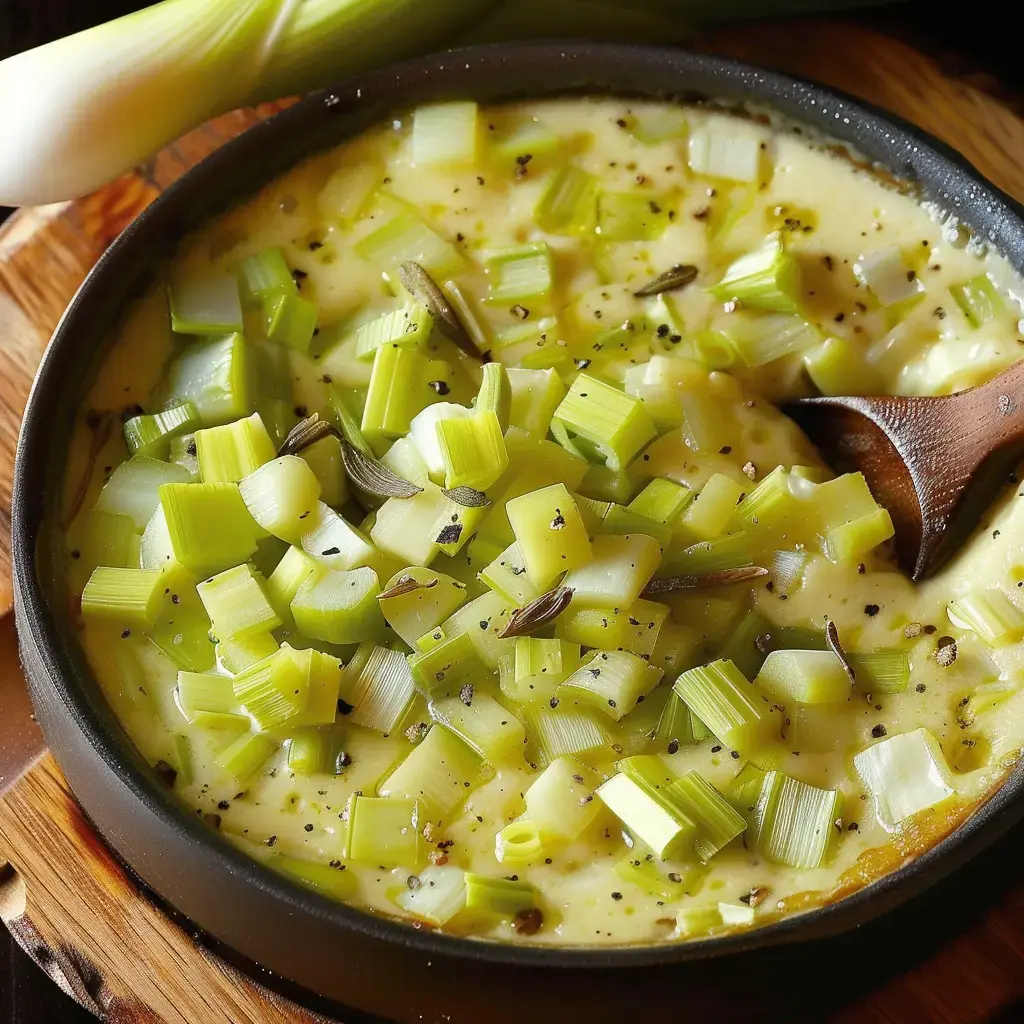 Une casserole de garniture crémeuse avec des morceaux de poireau et des épices, sur un plateau en bois.