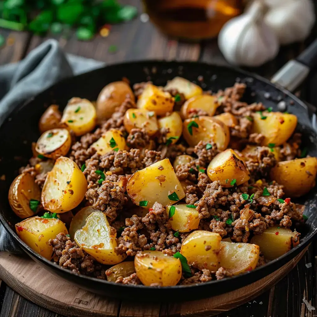 Golden-brown potatoes and seasoned ground beef topped with fresh parsley in a skillet.