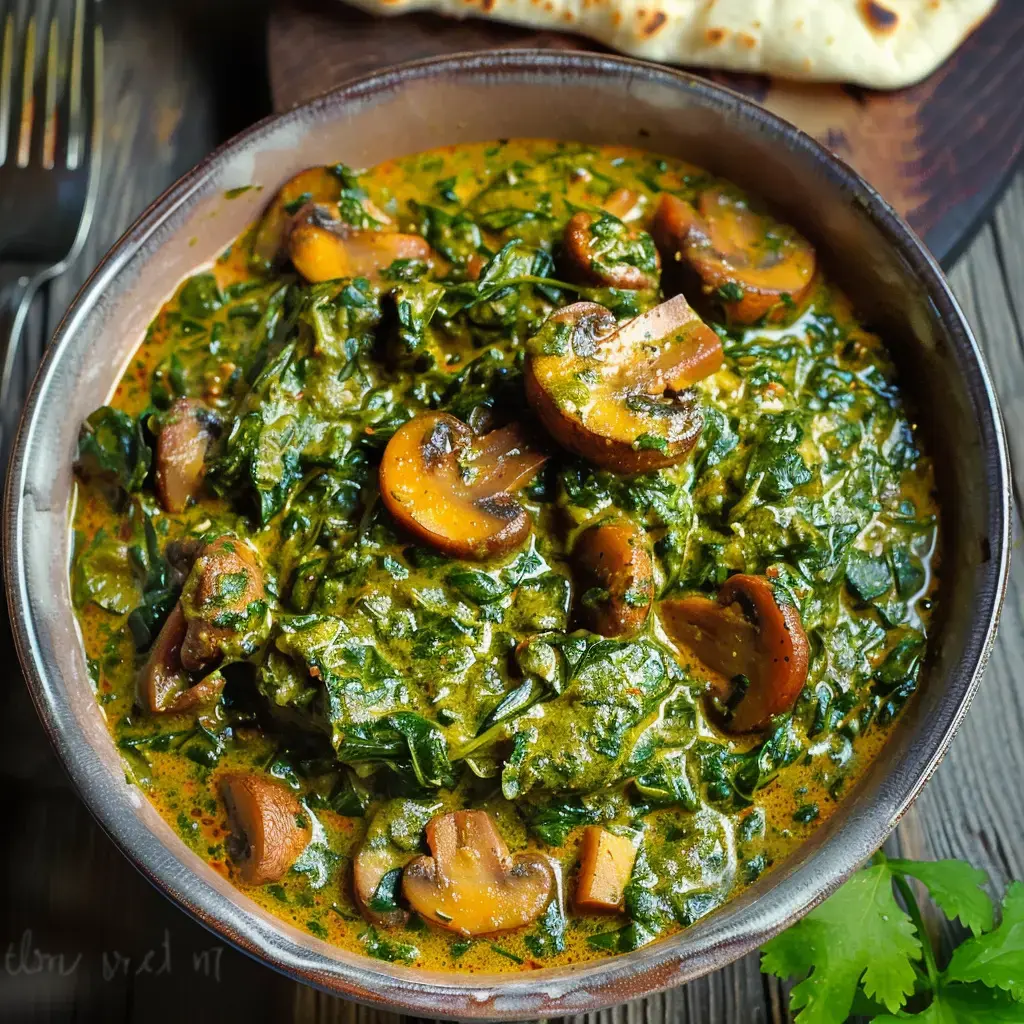 A bowl of spinach mushroom curry served with naan bread in the background