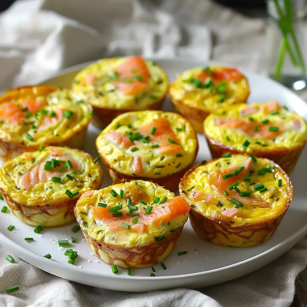 Mini egg quiches topped with smoked salmon and herbs, arranged on a white plate.