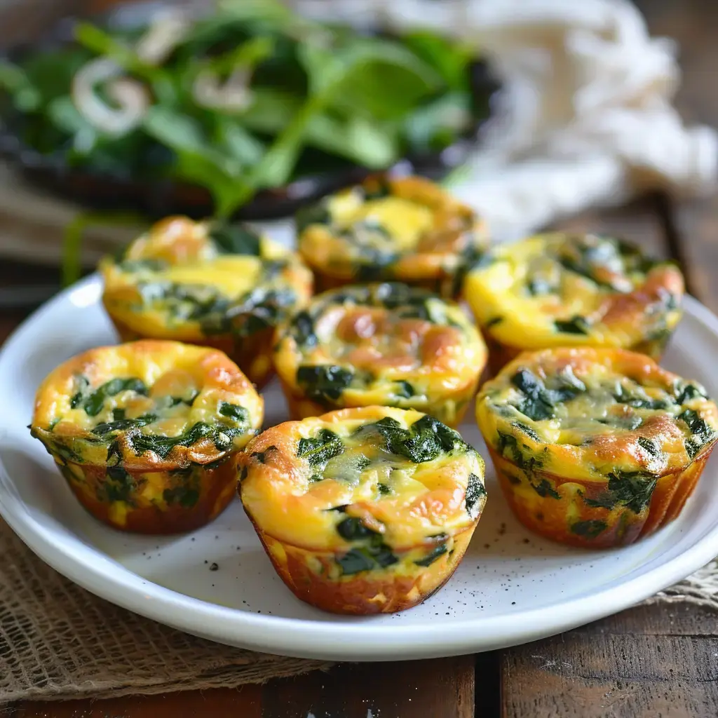 Golden-brown spinach muffins served as a main dish with a green salad in the background.