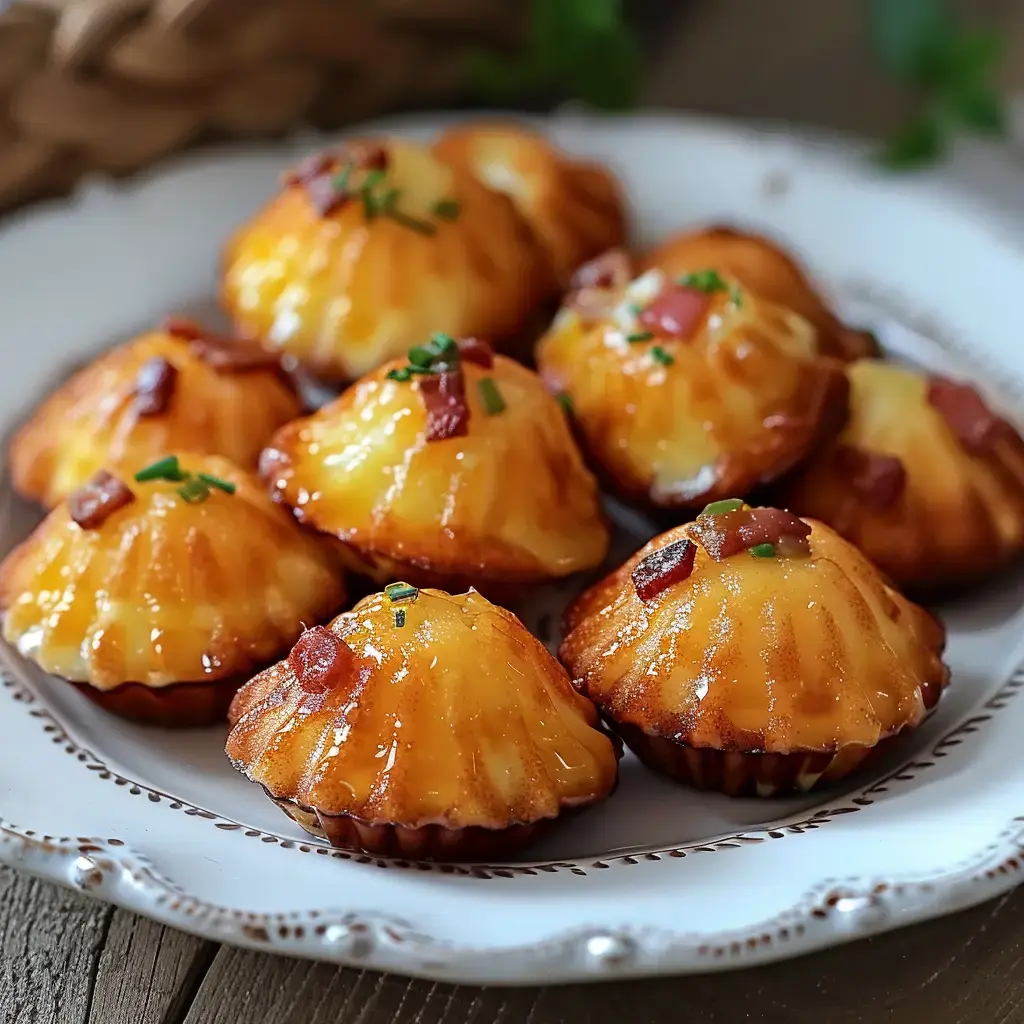 Groupe de petites tartelettes dorées garnies de fromage et de morceaux de bacon, servies sur une assiette décorative.