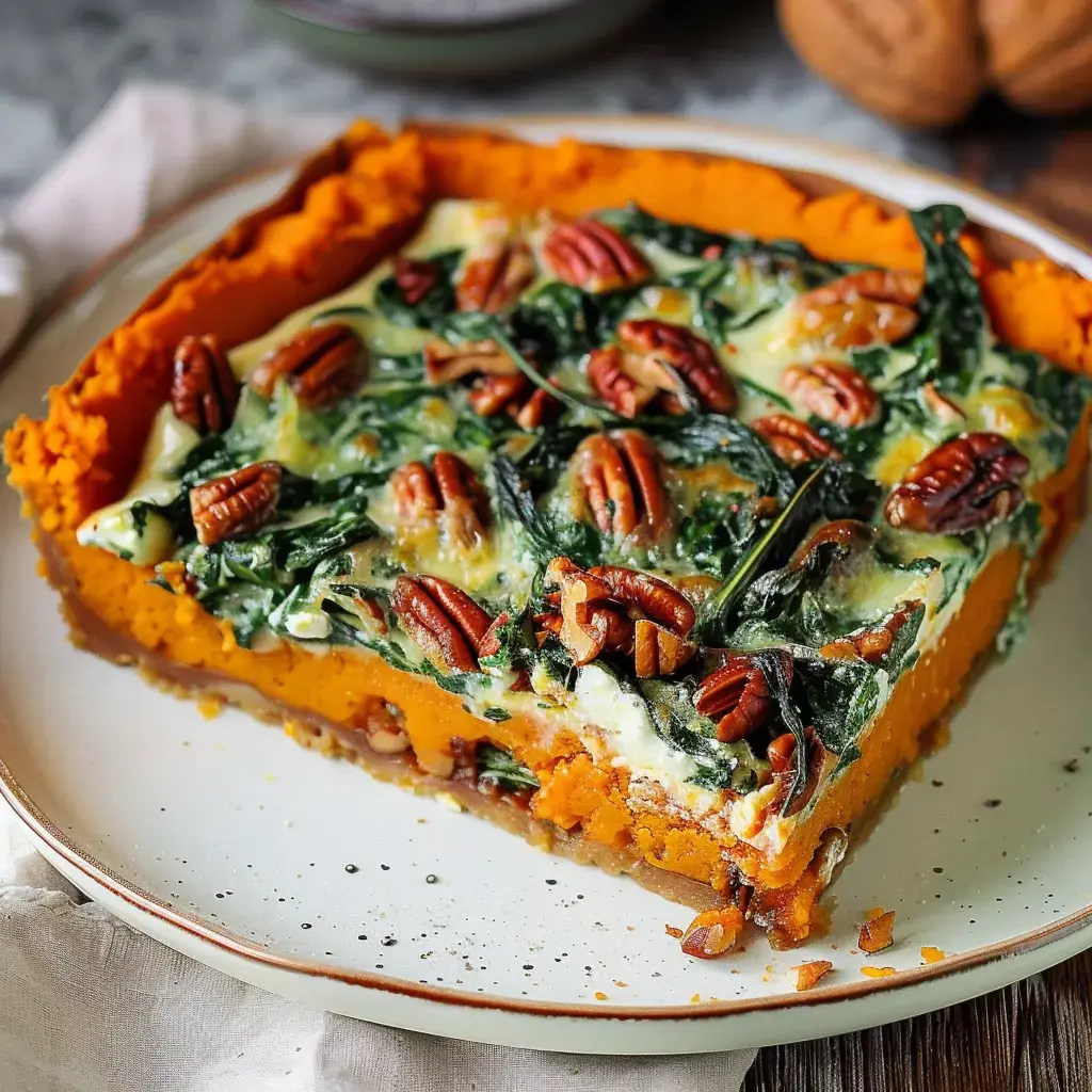 Sweet potato tart topped with spinach and pecans.