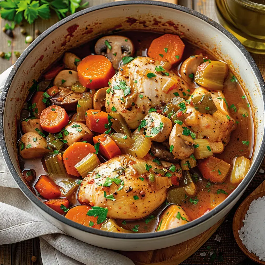 A steaming bowl of braised chicken with carrots, mushrooms and celery, topped with fresh parsley.