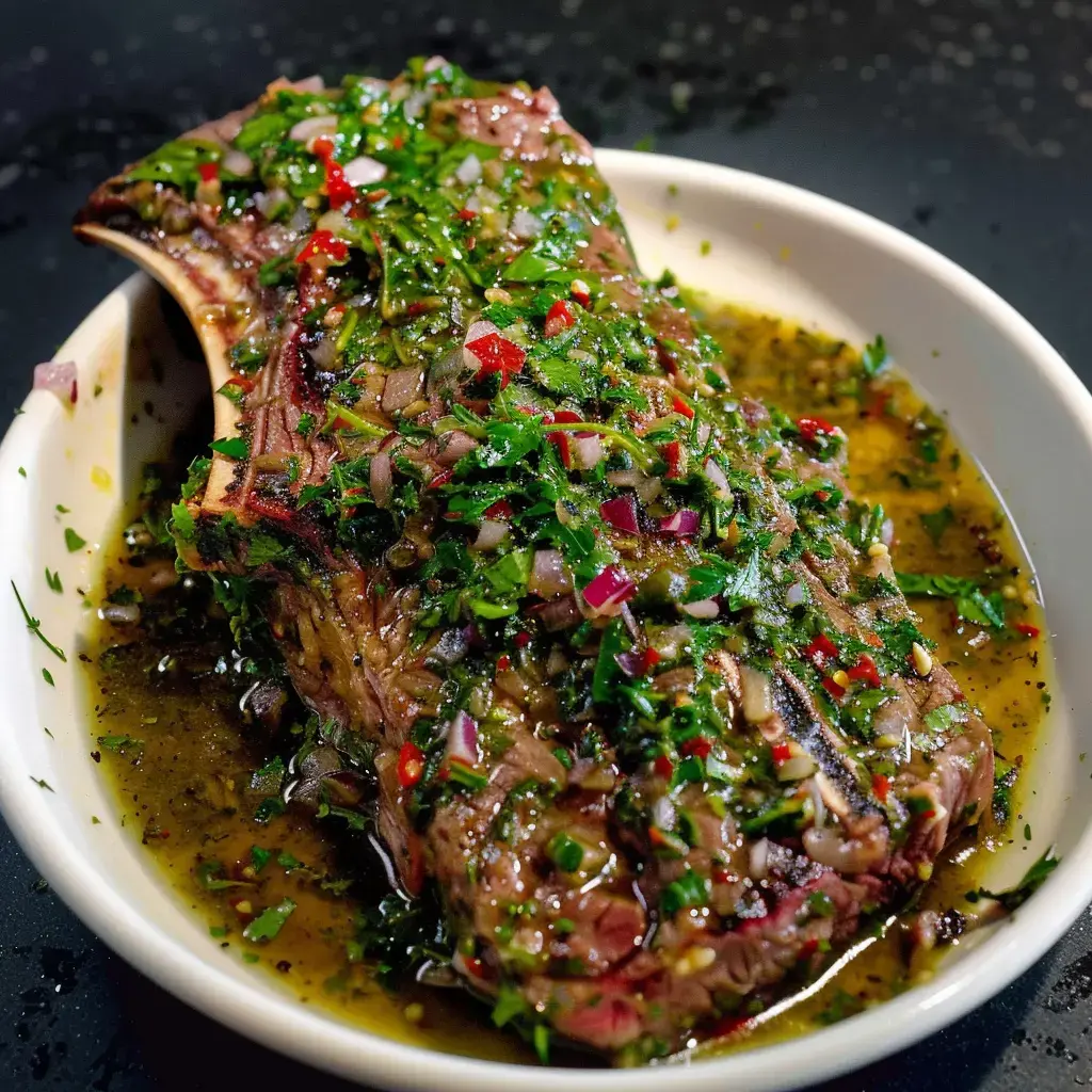 A marinated piece of meat covered in herbs and spices rests in a shallow dish.