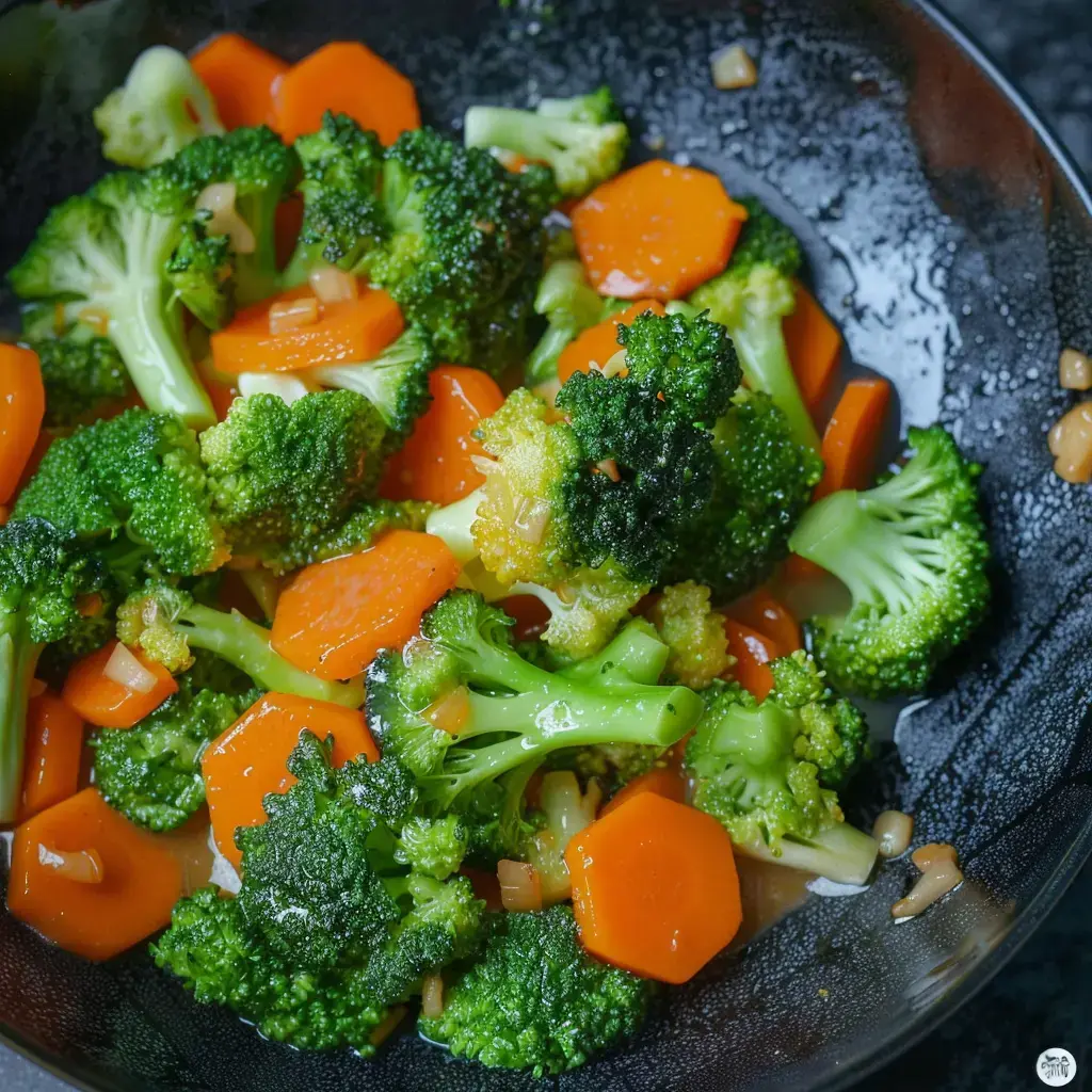 A bowl of stir-fried broccoli and sliced carrots served in a black bowl