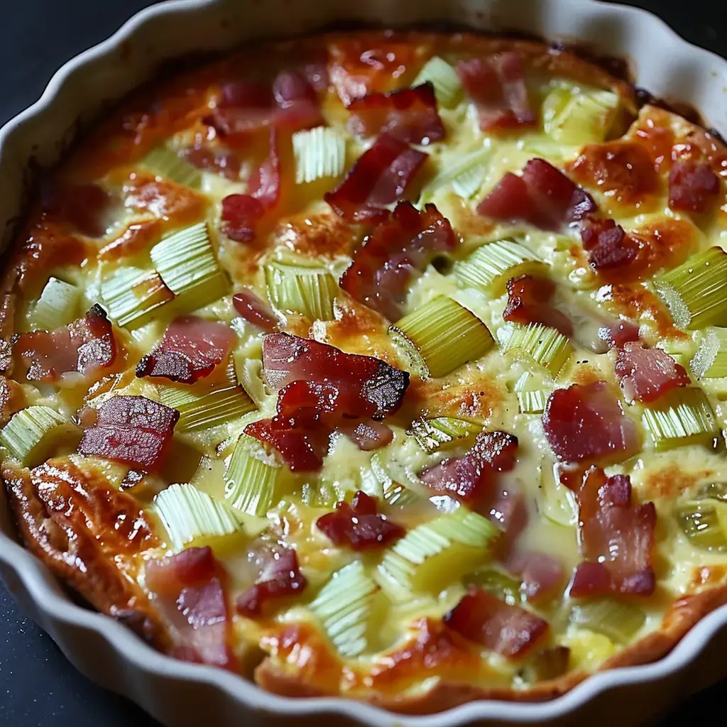 A golden quiche topped with bacon bits and celery pieces.
