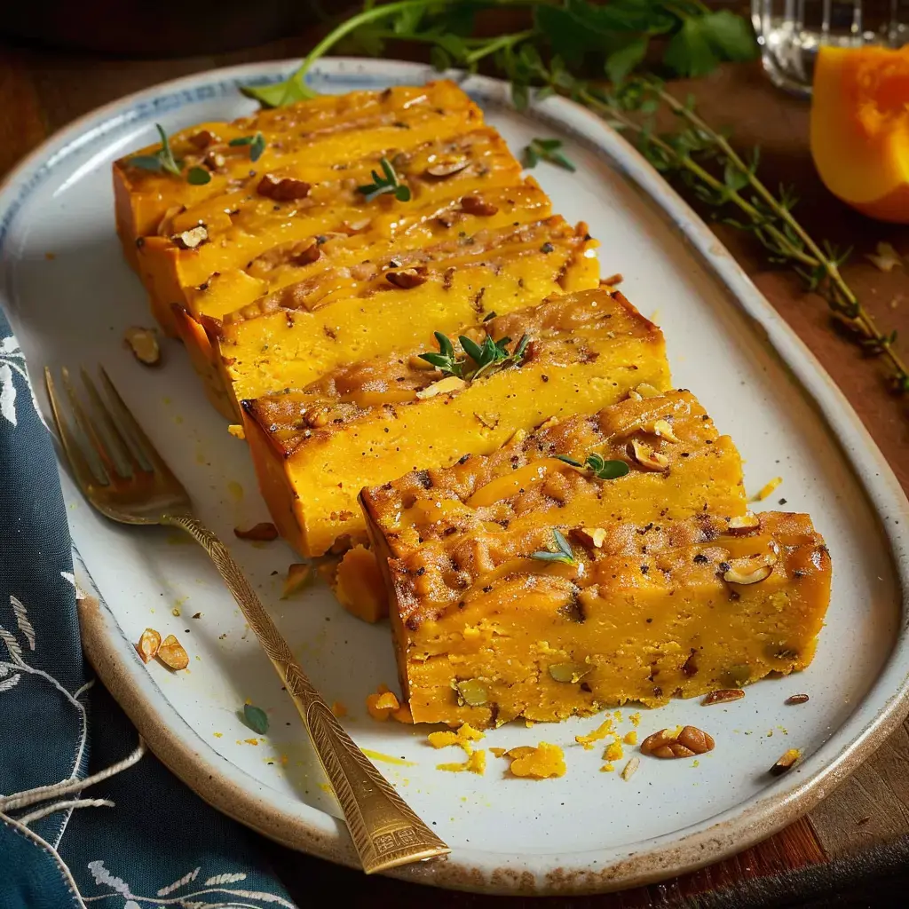 A squash-based dish, sliced and topped with walnuts and thyme, displayed on a plate.