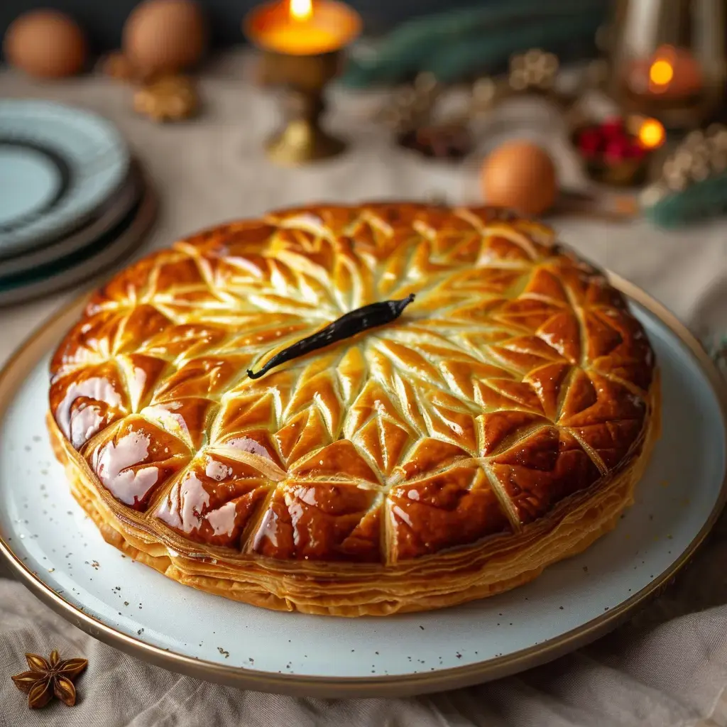 A golden Kings' cake decorated with a beautiful star pattern, featuring a vanilla pod in the center, surrounded by festive elements.