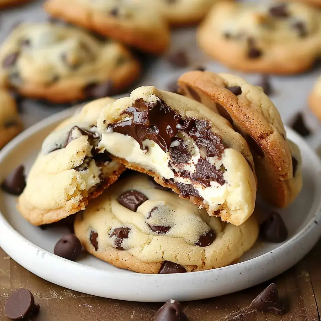 Chocolate chip cookies with a creamy center, displayed on a plate.