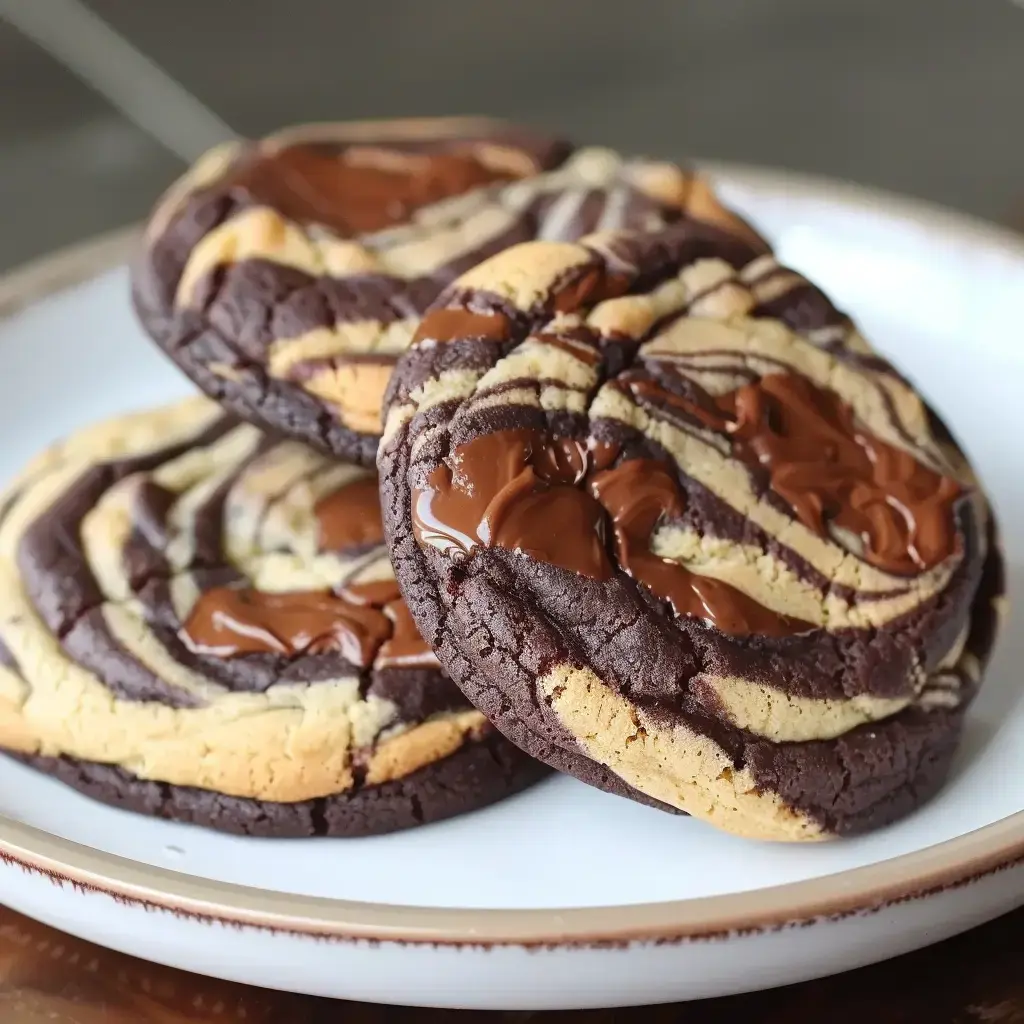 Marbled chocolate cookies arranged on a plate.