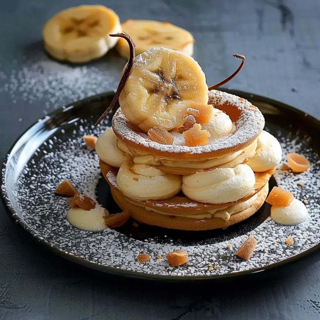 A stacked dessert with layers of cream, banana slices, and fruit pieces on a black plate, dusted with powdered sugar.
