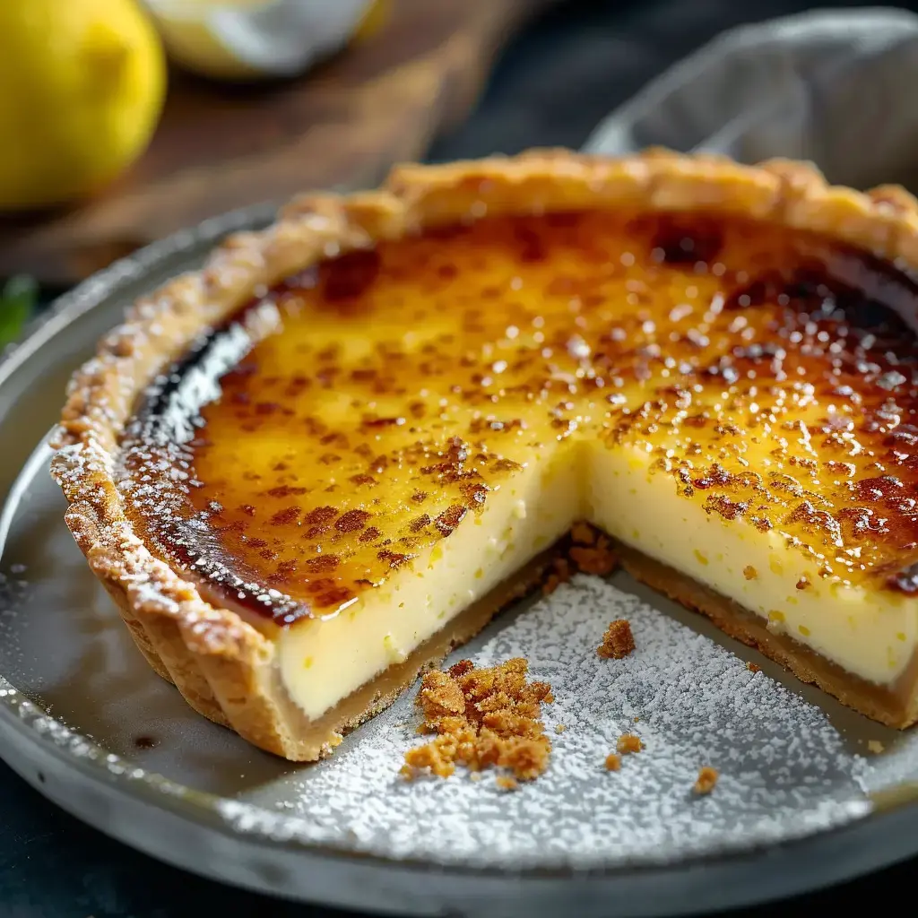A creamy brûlée tart with a golden crust, topped with caramelized sugar and dusted with powdered sugar.
