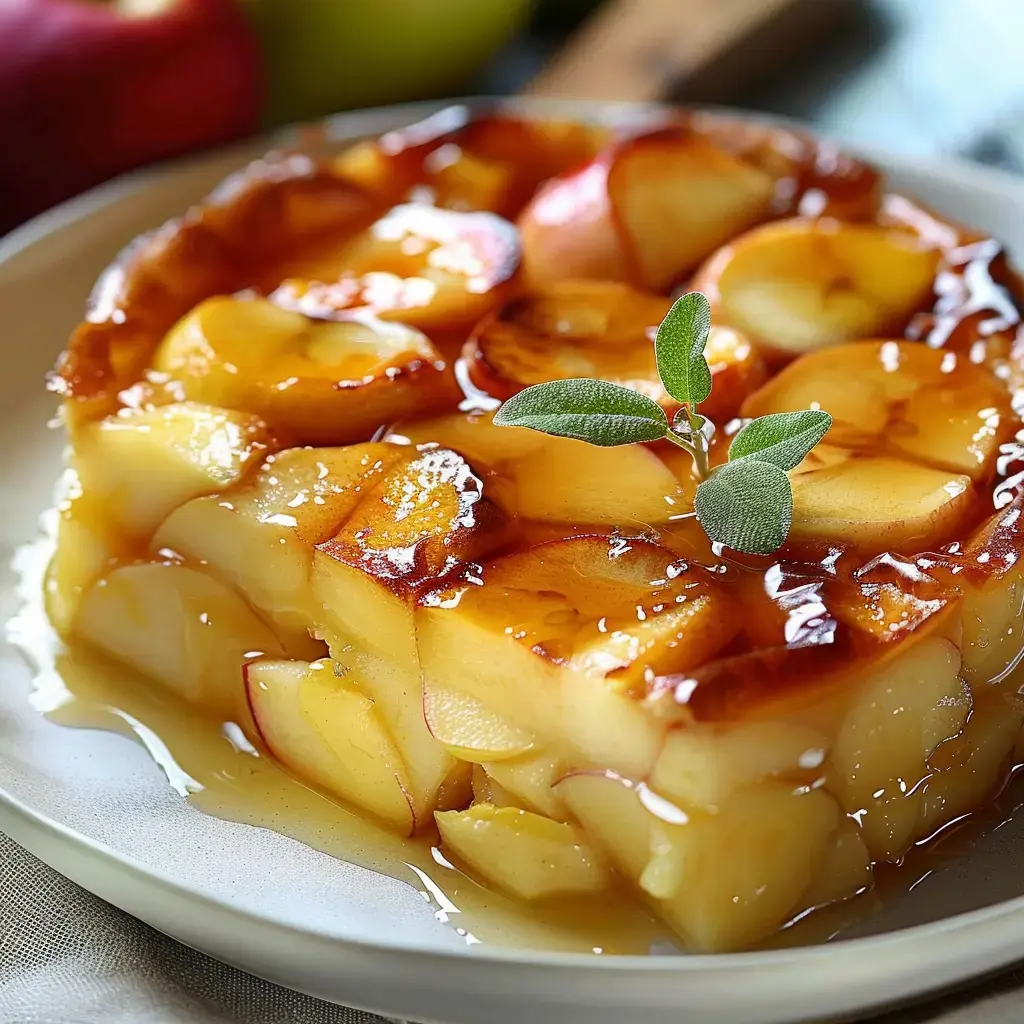 A caramelized apple tart served on a plate, topped with a small sage leaf.