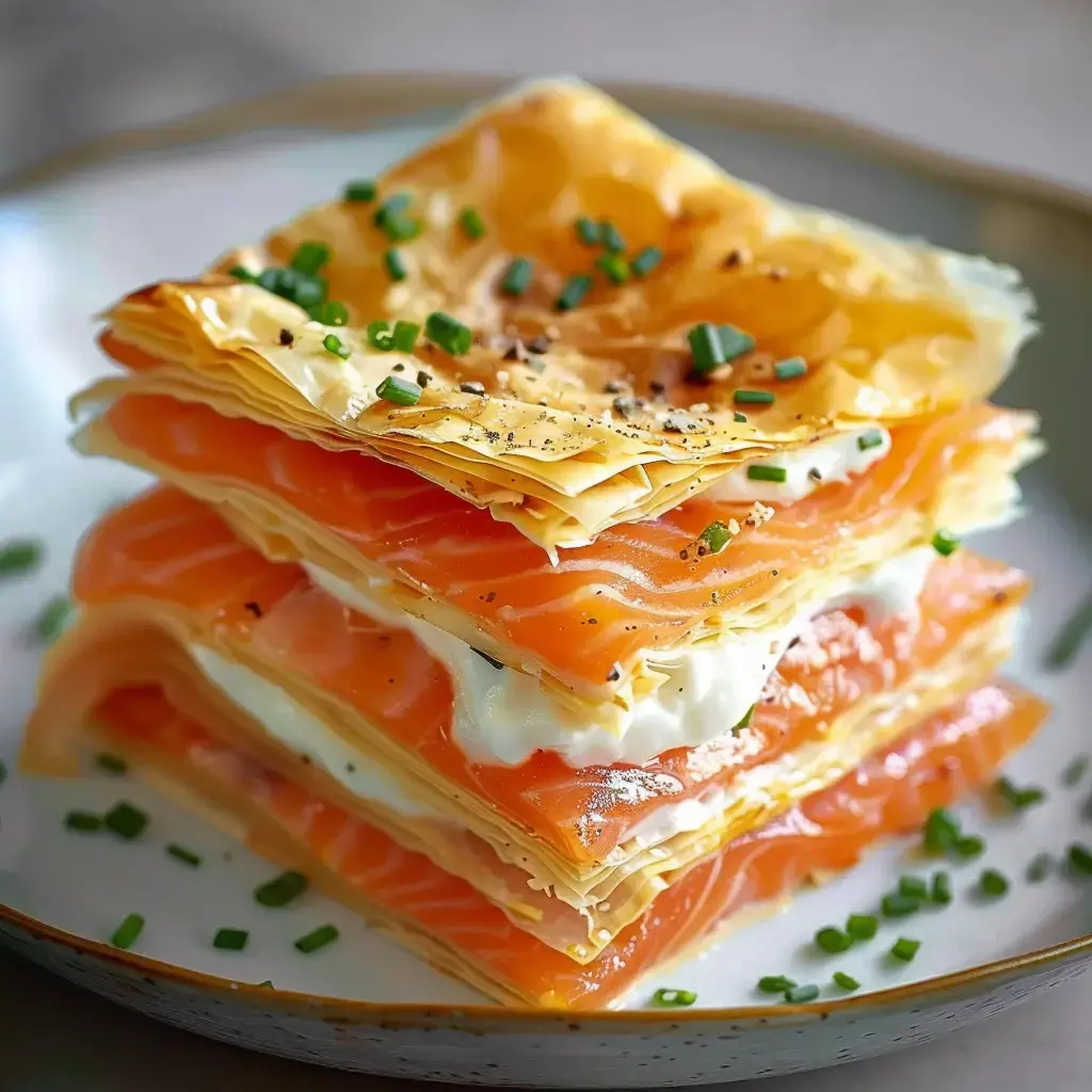 A dish with thin stacked filo pastry layers mixed with smoked salmon and cream, topped with chives and pepper.